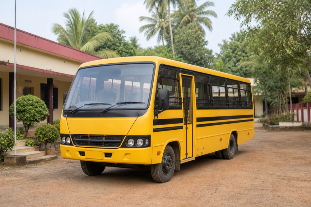 Yellow Indian school bus parked on campus